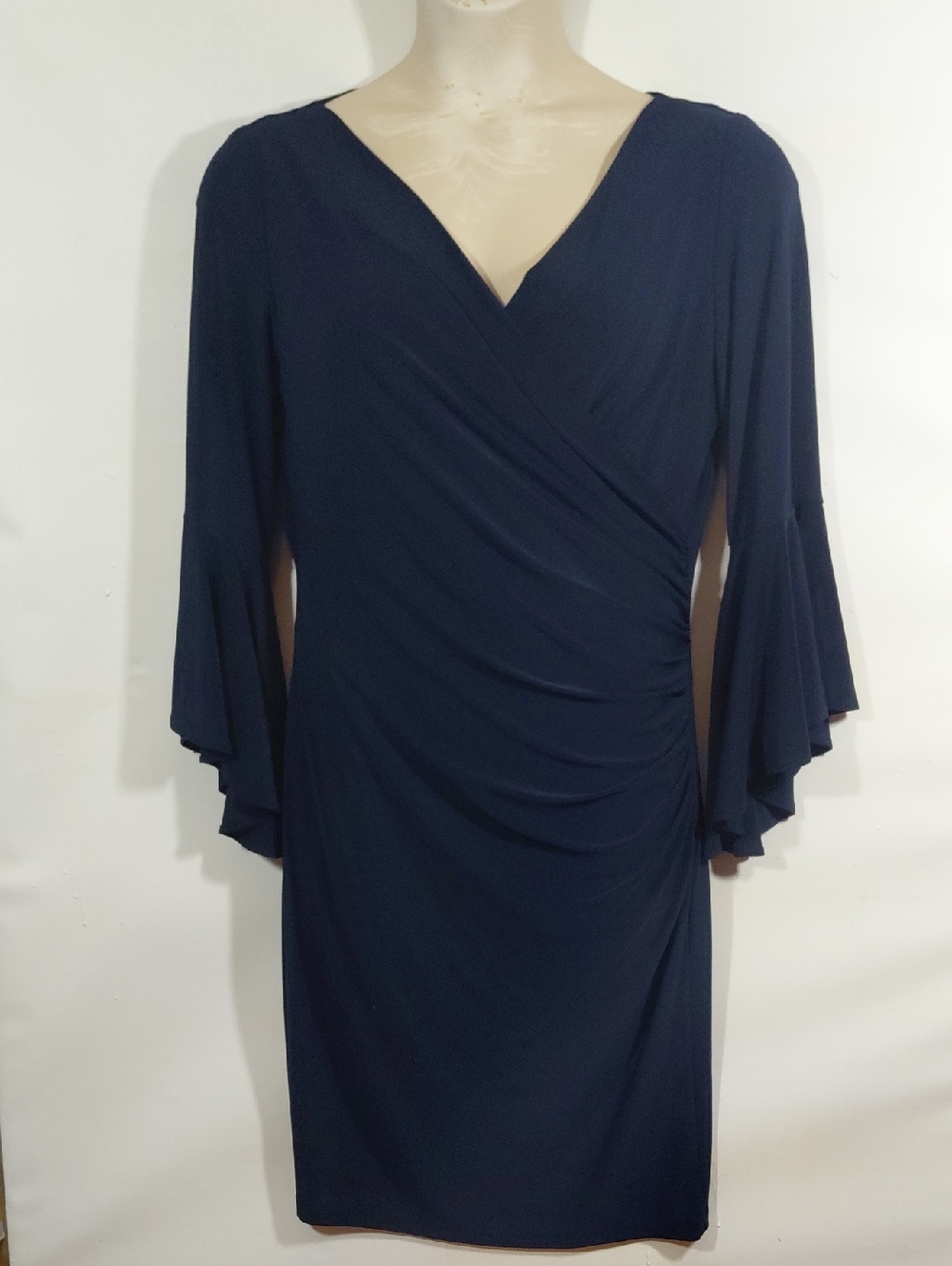 Frank Lyman Design Navy Faux Wrap-Style Long Sleeve Stretchy Dress Size 14